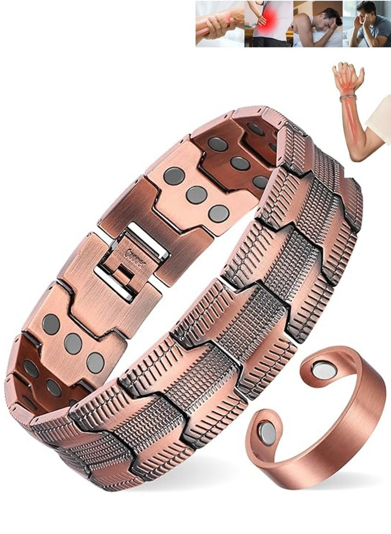 X-level Copper Bracelet and Copper Ring for Men, 3X Strength Magnetic Bracelet with 99.99% Pure Copper Ring & 3500 Gauss Magnets, Adjustable Length - Image 1
